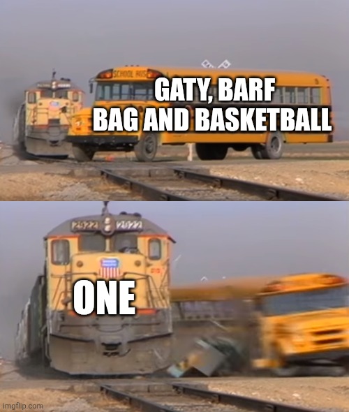 Bfdi characters getting erased from existence be like | GATY, BARF BAG AND BASKETBALL; ONE | image tagged in a train hitting a school bus | made w/ Imgflip meme maker