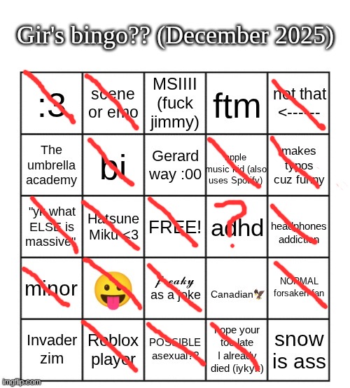 I need more bingossss | image tagged in gir bingo december 2025,weird kid,hehe | made w/ Imgflip meme maker