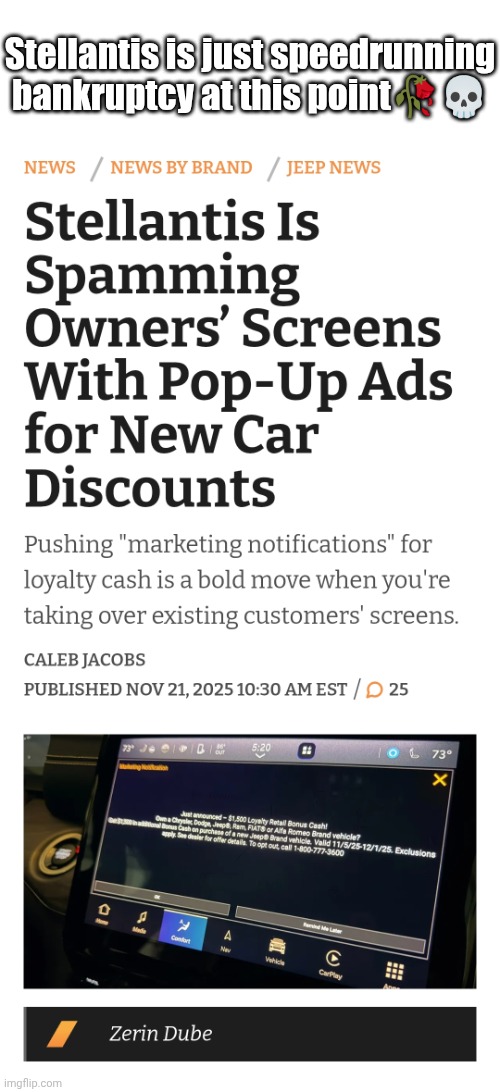 Why must you do this to us? | Stellantis is just speedrunning bankruptcy at this point🥀💀 | image tagged in stellantis,ads | made w/ Imgflip meme maker