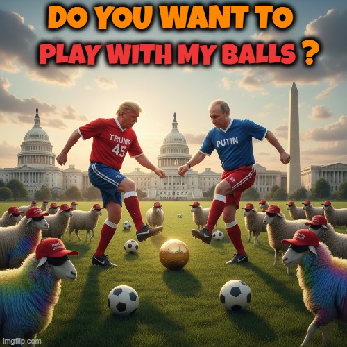 DO YOU WANT TO PLAY WITH MY BALLS? | DO YOU WANT TO
                                            ? PLAY WITH MY BALLS | image tagged in trump,putin,maga,sheep,soccer,participation trophy | made w/ Imgflip meme maker