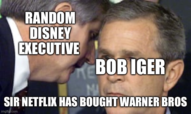 George Bush 9/11 | RANDOM DISNEY EXECUTIVE; BOB IGER; SIR NETFLIX HAS BOUGHT WARNER BROS | image tagged in george bush 9/11 | made w/ Imgflip meme maker