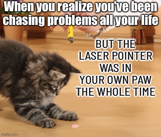 When you realize the chaos in your life... | When you realize you've been chasing problems all your life; BUT THE LASER POINTER WAS IN YOUR OWN PAW THE WHOLE TIME | image tagged in cat laser pointer,cats,cat memes,existentialism,life sucks,modern problems | made w/ Imgflip meme maker