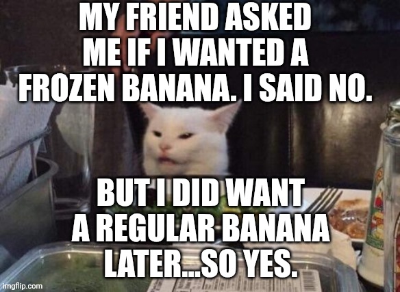 Smudge that darn cat | MY FRIEND ASKED ME IF I WANTED A FROZEN BANANA. I SAID NO. BUT I DID WANT A REGULAR BANANA LATER...SO YES. | image tagged in smudge that darn cat | made w/ Imgflip meme maker