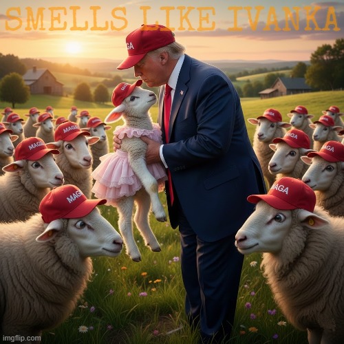 TRUMPY CAUGHT A LITTLE LAMB | DONALD TRUMP IS A CONVICTED SEXUAL PREDATOR WHO IS ASSOCIATED WITH JEFFERY EPSTEIN AND A HUMAN TRAFFICIKING PEDOPHILE SEX RING SMELLS LIKE I | image tagged in trump,maga,sheep,ivanka,pedophile,jeffrey epstein | made w/ Imgflip meme maker
