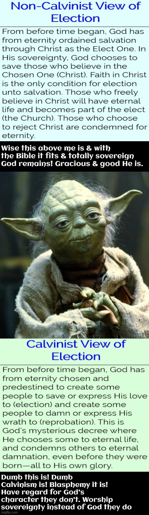 Calvinism's view of God's sovereignty is abominable | Wise this above me is & with the Bible it fits & totally sovereign God remains! Gracious & good He is. Dumb this is! Dumb Calvinism is! Blasphemy it is! Have regard for God's character they don't. Worship sovereignty instead of God they do | image tagged in star wars yoda,calvinism,calvinist memes,reformed theology,anti calvinist,nuanced gnostic corpse marionette lie | made w/ Imgflip meme maker