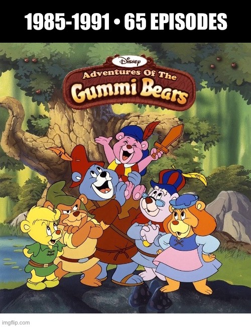 Bouncing here and there and everywhere… | 1985-1991 • 65 EPISODES | image tagged in cartoons,gummi bears,adventures,disney,fantasy | made w/ Imgflip meme maker