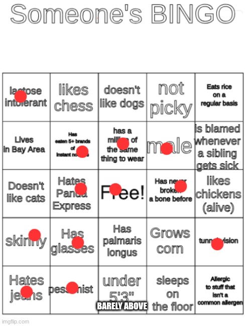 Someone's BINGO | BARELY ABOVE | image tagged in someone's bingo | made w/ Imgflip meme maker