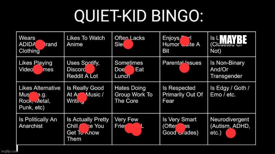 Quiet Kid Bingo | MAYBE | image tagged in quiet kid bingo | made w/ Imgflip meme maker