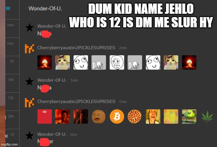 Help | DUM KID NAME JEHLO WHO IS 12 IS DM ME SLUR HY | made w/ Imgflip meme maker
