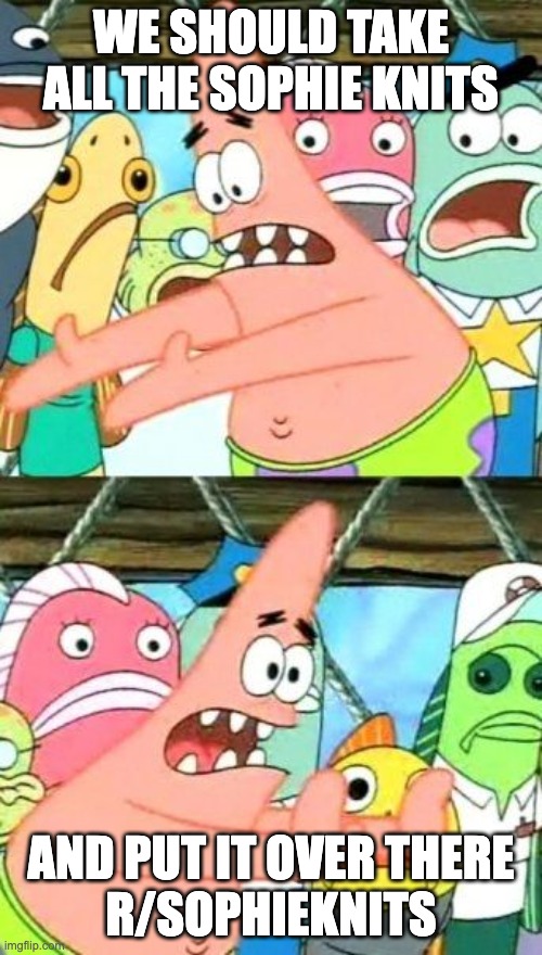 Put It Somewhere Else Patrick Meme | WE SHOULD TAKE ALL THE SOPHIE KNITS; AND PUT IT OVER THERE
R/SOPHIEKNITS | image tagged in memes,put it somewhere else patrick | made w/ Imgflip meme maker