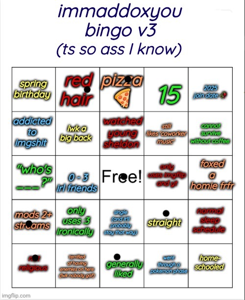 immaddoxyou bingo v3 | image tagged in immaddoxyou bingo v3 | made w/ Imgflip meme maker