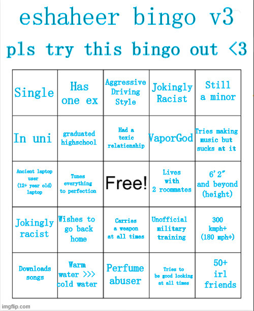 eshaheer bingo v3 | pls try this bingo out <3 | image tagged in eshaheer bingo v3 | made w/ Imgflip meme maker