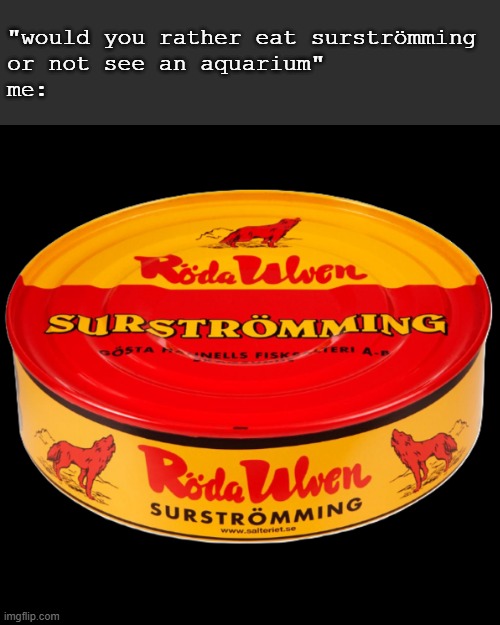 plz do not eat surströmming | "would you rather eat surströmming 
or not see an aquarium"
me: | image tagged in memes | made w/ Imgflip meme maker