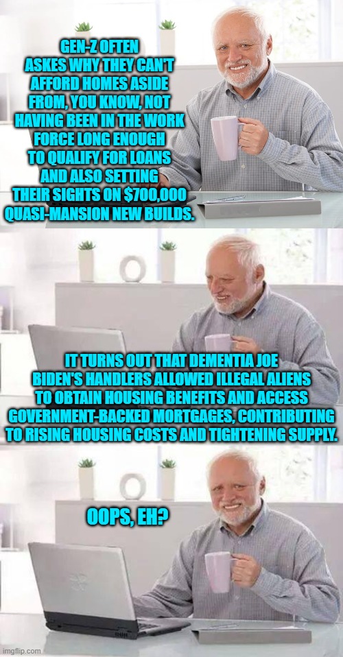 All the things that Administration said they weren't doing?  They were doing. | GEN-Z OFTEN ASKES WHY THEY CAN'T AFFORD HOMES ASIDE FROM, YOU KNOW, NOT HAVING BEEN IN THE WORK FORCE LONG ENOUGH TO QUALIFY FOR LOANS AND ALSO SETTING THEIR SIGHTS ON $700,000 QUASI-MANSION NEW BUILDS. IT TURNS OUT THAT DEMENTIA JOE BIDEN'S HANDLERS ALLOWED ILLEGAL ALIENS TO OBTAIN HOUSING BENEFITS AND ACCESS GOVERNMENT-BACKED MORTGAGES, CONTRIBUTING TO RISING HOUSING COSTS AND TIGHTENING SUPPLY. OOPS, EH? | image tagged in hide the pain harold | made w/ Imgflip meme maker