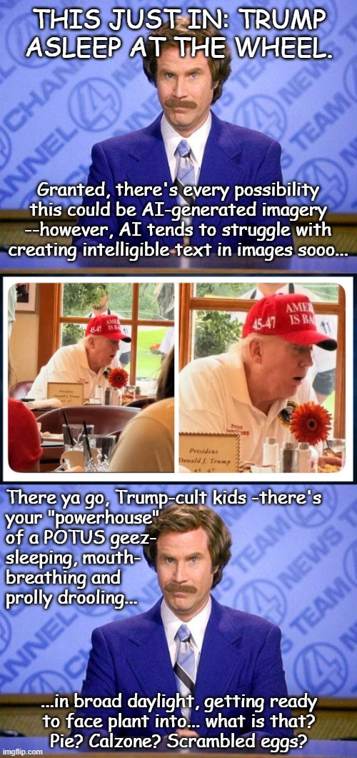 If y'all hadn't made such a big deal about Biden dozing off once or twice on camera, you wouldn't be eating boomerang right now | THIS JUST IN: TRUMP
ASLEEP AT THE WHEEL. Granted, there's every possibility
this could be AI-generated imagery
--however, AI tends to struggle with
creating intelligible text in images sooo... There ya go, Trump-cult kids -there's
your "powerhouse"
of a POTUS geez-
sleeping, mouth-
breathing and 
prolly drooling... ...in broad daylight, getting ready
to face plant into... what is that?
Pie? Calzone? Scrambled eggs? | image tagged in anchorman news update,drowzy don,asleep,boomerang,oops | made w/ Imgflip meme maker