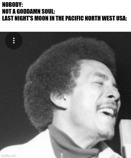 NOBODY:
NOT A GODDAMN SOUL:
LAST NIGHT'S MOON IN THE PACIFIC NORTH WEST USA: | made w/ Imgflip meme maker