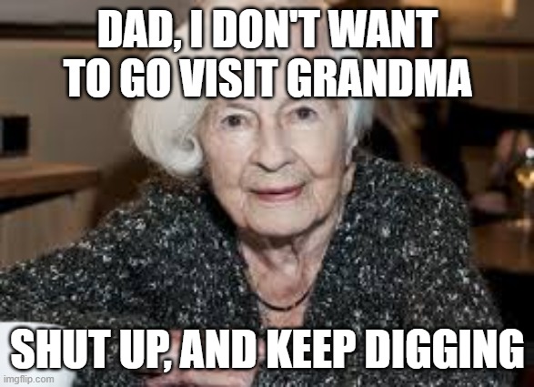 Grandmother | DAD, I DON'T WANT TO GO VISIT GRANDMA; SHUT UP, AND KEEP DIGGING | image tagged in grandmother | made w/ Imgflip meme maker