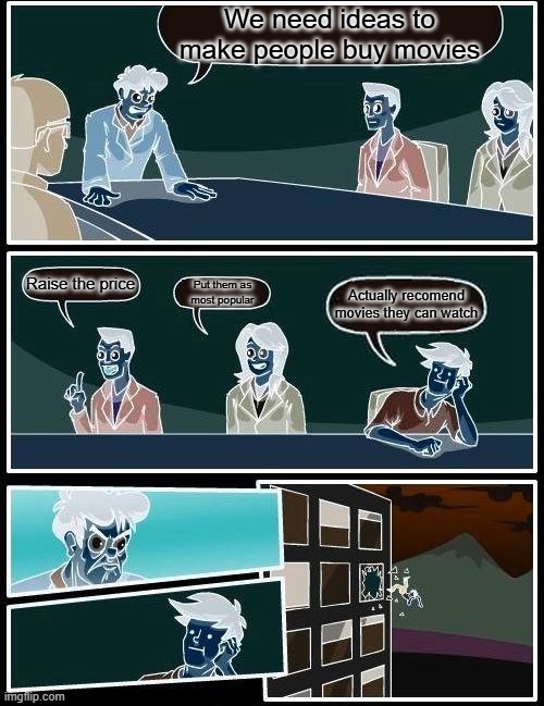 Netflix be like | We need ideas to make people buy movies; Raise the price; Put them as most popular; Actually recomend movies they can watch | image tagged in memes,boardroom meeting suggestion | made w/ Imgflip meme maker