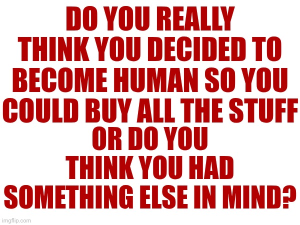 What Do You Want From This Life Experience?  Why Are You Here?  You Came For A Reason.  It's Time To Wake Up And Remember | DO YOU REALLY THINK YOU DECIDED TO BECOME HUMAN SO YOU COULD BUY ALL THE STUFF; OR DO YOU THINK YOU HAD SOMETHING ELSE IN MIND? | image tagged in memes,the great awakening,wake up,living the dream,what do you want,do you remember | made w/ Imgflip meme maker