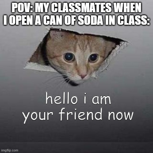 Day 2 of making cat memes | POV: MY CLASSMATES WHEN I OPEN A CAN OF SODA IN CLASS:; hello i am your friend now | image tagged in memes,ceiling cat | made w/ Imgflip meme maker