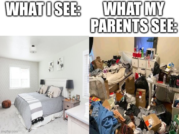 but my room is clean! | WHAT MY PARENTS SEE:; WHAT I SEE: | image tagged in relatable,funny,memes,gifs,cats,clean vs dirty | made w/ Imgflip meme maker