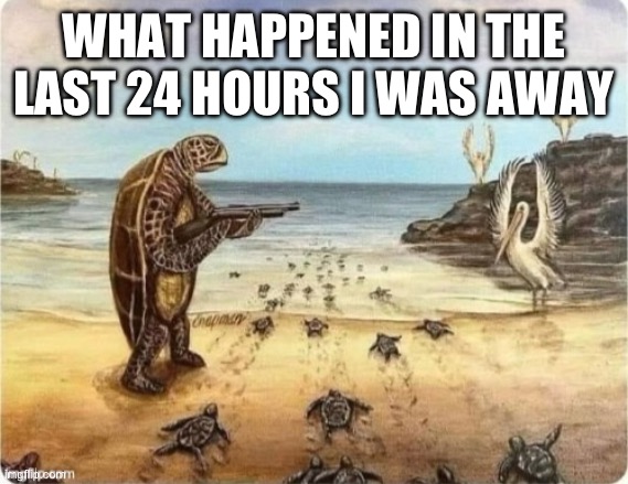Turtle aiming gun at birds | WHAT HAPPENED IN THE LAST 24 HOURS I WAS AWAY | image tagged in turtle aiming gun at birds | made w/ Imgflip meme maker