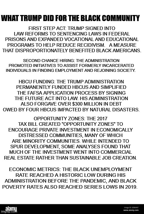what trump did for the black community | FIRST STEP ACT: TRUMP SIGNED INTO LAW REFORMS TO SENTENCING LAWS IN FEDERAL PRISONS AND EXPANDED VOCATIONAL AND EDUCATIONAL PROGRAMS TO HELP REDUCE RECIDIVISM.   A MEASURE THAT DISPROPORTIONATELY BENEFITED BLACK AMERICANS. WHAT TRUMP DID FOR THE BLACK COMMUNITY; SECOND CHANCE HIRING: THE ADMINISTRATION PROMOTED INITIATIVES TO ASSIST FORMERLY INCARCERATED INDIVIDUALS IN FINDING EMPLOYMENT AND REJOINING SOCIETY. HBCU FUNDING: THE TRUMP ADMINISTRATION PERMANENTLY FUNDED HBCUS AND SIMPLIFIED THE FAFSA APPLICATION PROCESS BY SIGNING THE FUTURE ACT INTO LAW. HIS ADMINISTRATION ALSO FORGAVE OVER $300 MILLION IN DEBT OWED BY FOUR HBCUS IMPACTED BY NATURAL DISASTERS. OPPORTUNITY ZONES: THE 2017 TAX BILL CREATED "OPPORTUNITY ZONES" TO ENCOURAGE PRIVATE INVESTMENT IN ECONOMICALLY DISTRESSED COMMUNITIES, MANY OF WHICH ARE MINORITY COMMUNITIES. WHILE INTENDED TO SPUR DEVELOPMENT, SOME ANALYSES FOUND THAT MUCH OF THE INVESTMENT WENT INTO COMMERCIAL REAL ESTATE RATHER THAN SUSTAINABLE JOB CREATION. ECONOMIC METRICS: THE BLACK UNEMPLOYMENT RATE REACHED A HISTORIC LOW DURING HIS ADMINISTRATION BEFORE THE PANDEMIC, AND BLACK POVERTY RATES ALSO REACHED SERIES LOWS IN 2019. | made w/ Imgflip meme maker