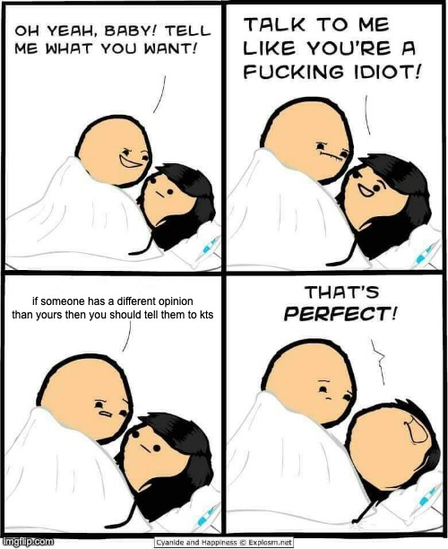 Talk to me like you're a fucking idiot | if someone has a different opinion than yours then you should tell them to kts | image tagged in talk to me like you're a fucking idiot | made w/ Imgflip meme maker