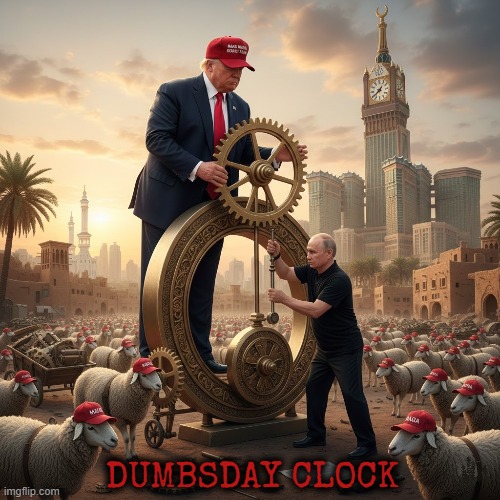 DUMBSDAY CLOCK | DONALD TRUMP AND VLADMIR PUTIN LEAD A BUNCH OF XONOPHOBIC HOMOBOIC SCARED OF THE WORLD SHEEP CALLED MAGA DUMBSDAY CLOCK | image tagged in doomsday clock,trump,putin,maga,xenophobia,homophobic | made w/ Imgflip meme maker