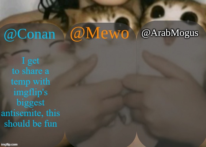 Conan, Mewo, Arabmogus shared template | I get to share a temp with imgflip's biggest antisemite, this should be fun | image tagged in conan mewo arabmogus shared template | made w/ Imgflip meme maker
