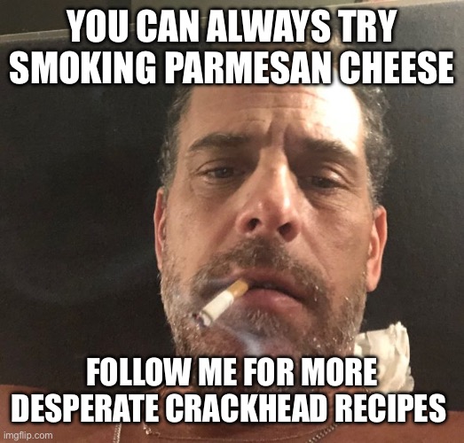 YOU CAN ALWAYS TRY SMOKING PARMESAN CHEESE FOLLOW ME FOR MORE DESPERATE CRACKHEAD RECIPES | image tagged in hunter biden | made w/ Imgflip meme maker