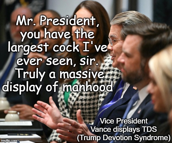 J. D. Vance - TDS  Trump Devotion Syndrome sycophancy at its finest | Mr. President, you have the largest cock I've ever seen, sir.  Truly a massive display of manhood; Vice President Vance displays TDS
(Trump Devotion Syndrome) | image tagged in republican,maga,brown nose,autocracy,narcissism,suck up | made w/ Imgflip meme maker