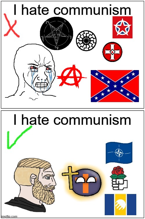 two types of anti communists (yellow and blue flag is liberal democracy) | image tagged in communism,capitalism,democracy,liberalism | made w/ Imgflip meme maker