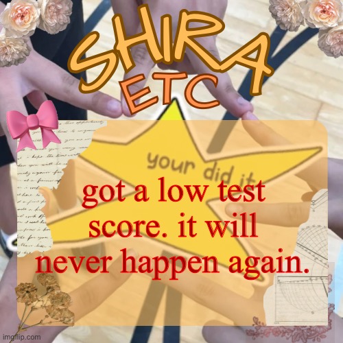 shira’s best temp | got a low test score. it will never happen again. | image tagged in shira s best temp | made w/ Imgflip meme maker
