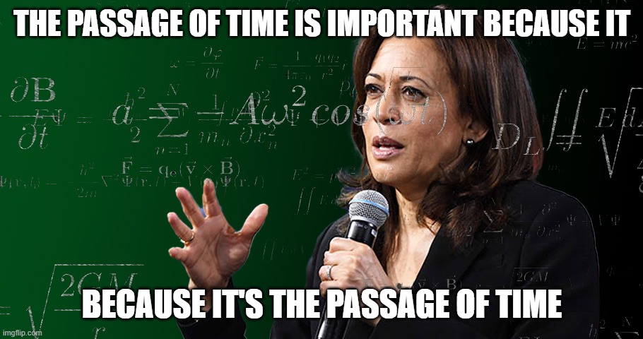Kamala Harris genius math formula | THE PASSAGE OF TIME IS IMPORTANT BECAUSE IT BECAUSE IT'S THE PASSAGE OF TIME | image tagged in kamala harris genius math formula | made w/ Imgflip meme maker