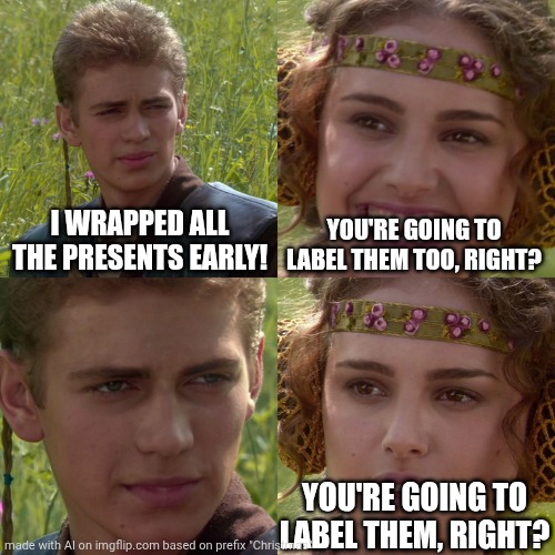 Another side dish purpl catt decided to make | I WRAPPED ALL THE PRESENTS EARLY! YOU'RE GOING TO LABEL THEM TOO, RIGHT? YOU'RE GOING TO LABEL THEM, RIGHT? | image tagged in anakin padme 4 panel | made w/ Imgflip meme maker
