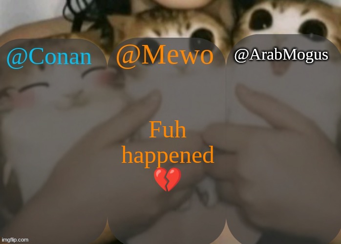 Conan, Mewo, Arabmogus shared template | Fuh happened 💔 | image tagged in conan mewo arabmogus shared template | made w/ Imgflip meme maker