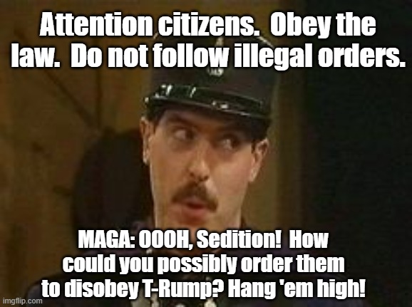 Attention citizens.  Obey the law.  Do not follow illegal orders. MAGA: OOOH, Sedition!  How could you possibly order them to disobey T-Rump | image tagged in allo allo policeman | made w/ Imgflip meme maker