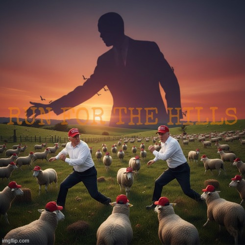 RUN FOR THE HILLS | RUN FOR THE HILLS | image tagged in run for the hills,trump,putin,maga,sheep,obama | made w/ Imgflip meme maker