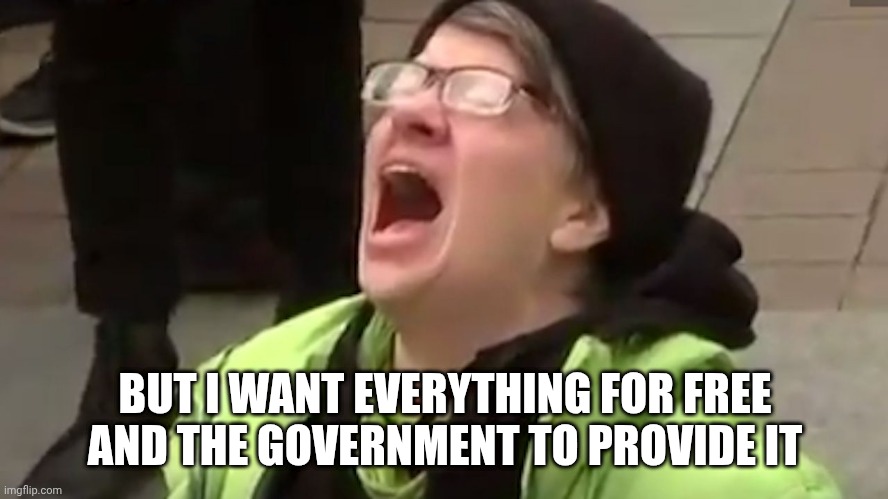 Screaming Liberal  | BUT I WANT EVERYTHING FOR FREE
AND THE GOVERNMENT TO PROVIDE IT | image tagged in screaming liberal | made w/ Imgflip meme maker