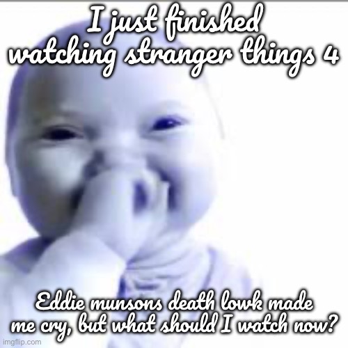 niche baby | I just finished watching stranger things 4; Eddie munsons death lowk made me cry, but what should I watch now? | image tagged in niche baby | made w/ Imgflip meme maker
