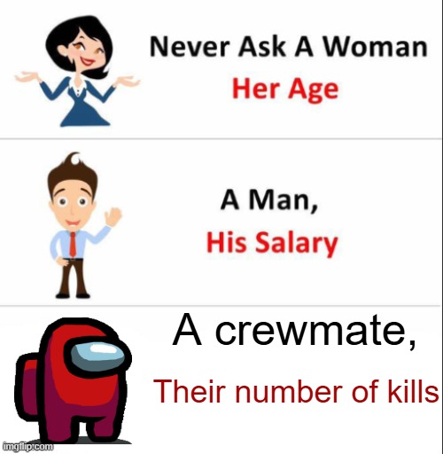 Never. | A crewmate, Their number of kills | image tagged in never ask a x,memes,funny,fun,among us,stop reading the tags | made w/ Imgflip meme maker