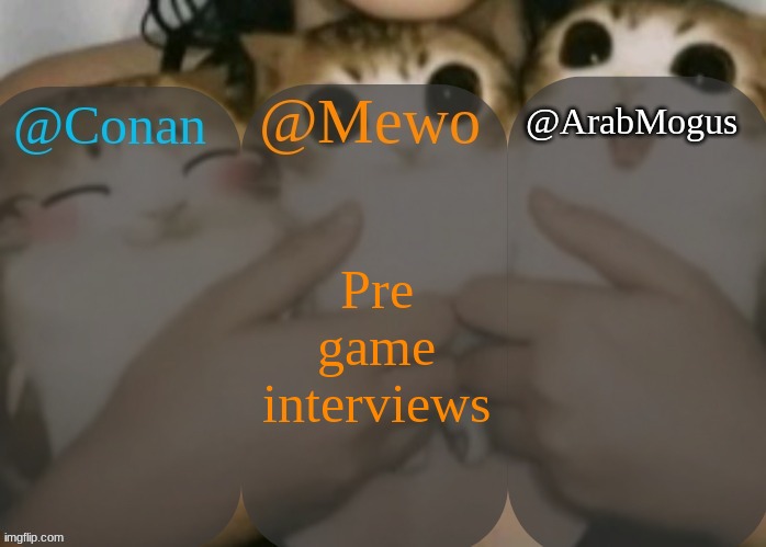 Conan, Mewo, Arabmogus shared template | Pre game interviews | image tagged in conan mewo arabmogus shared template | made w/ Imgflip meme maker