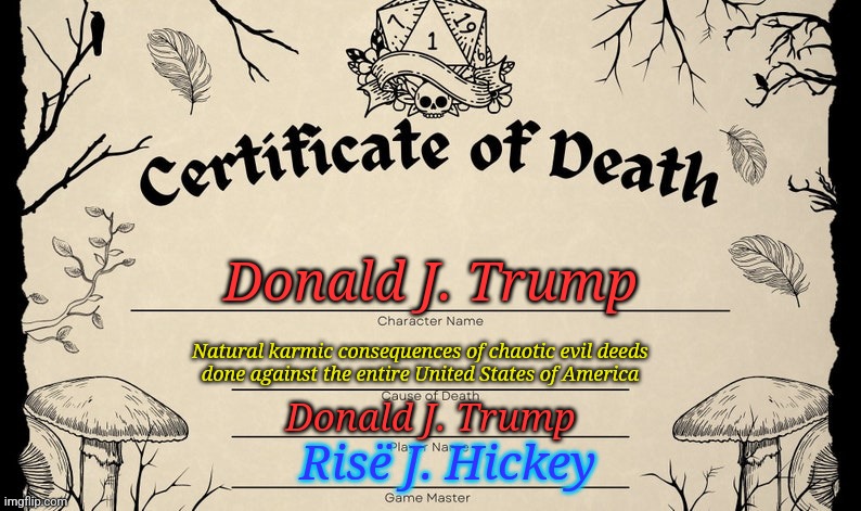 Donald Trump's certificate of death | Donald J. Trump; Natural karmic consequences of chaotic evil deeds
done against the entire United States of America; Donald J. Trump; Risë J. Hickey | image tagged in certificate of death dungeons dragons | made w/ Imgflip meme maker