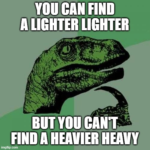 Philosoraptor Meme | YOU CAN FIND A LIGHTER LIGHTER BUT YOU CAN'T FIND A HEAVIER HEAVY | image tagged in memes,philosoraptor | made w/ Imgflip meme maker