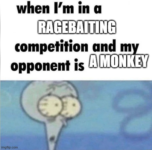 gulp | RAGEBAITING; A MONKEY | image tagged in whe i'm in a competition and my opponent is,memes,funny,fun,ragebait,stop reading the tags | made w/ Imgflip meme maker