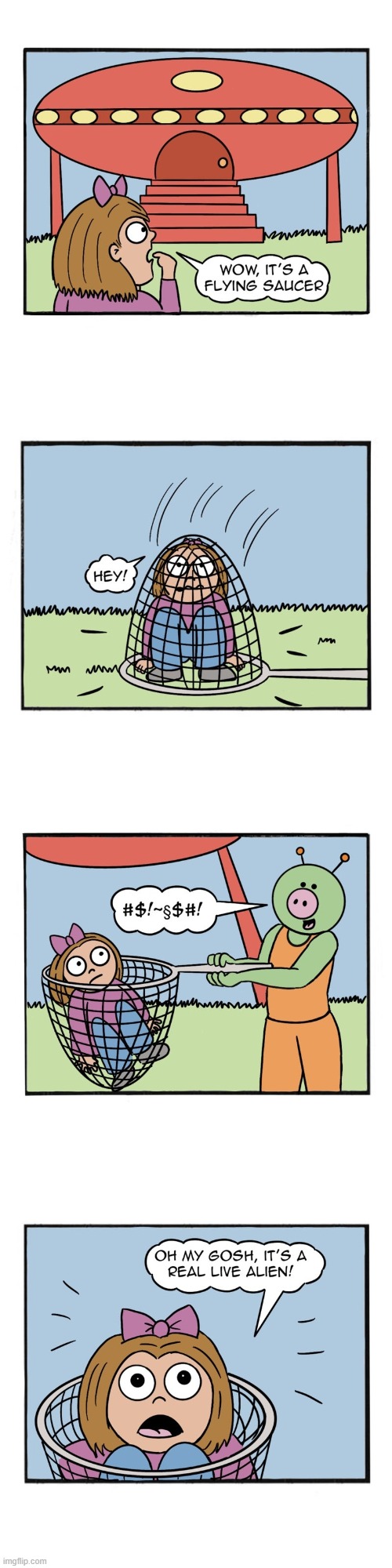 image tagged in human,sally,flying saucer,alien,net,abduction | made w/ Imgflip meme maker