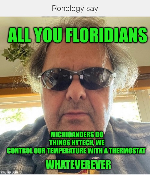 Ronology say | ALL YOU FLORIDIANS; MICHIGANDERS DO THINGS HYTECH, WE CONTROL OUR TEMPERATURE WITH A THERMOSTAT; WHATEVEREVER | image tagged in cold weather | made w/ Imgflip meme maker