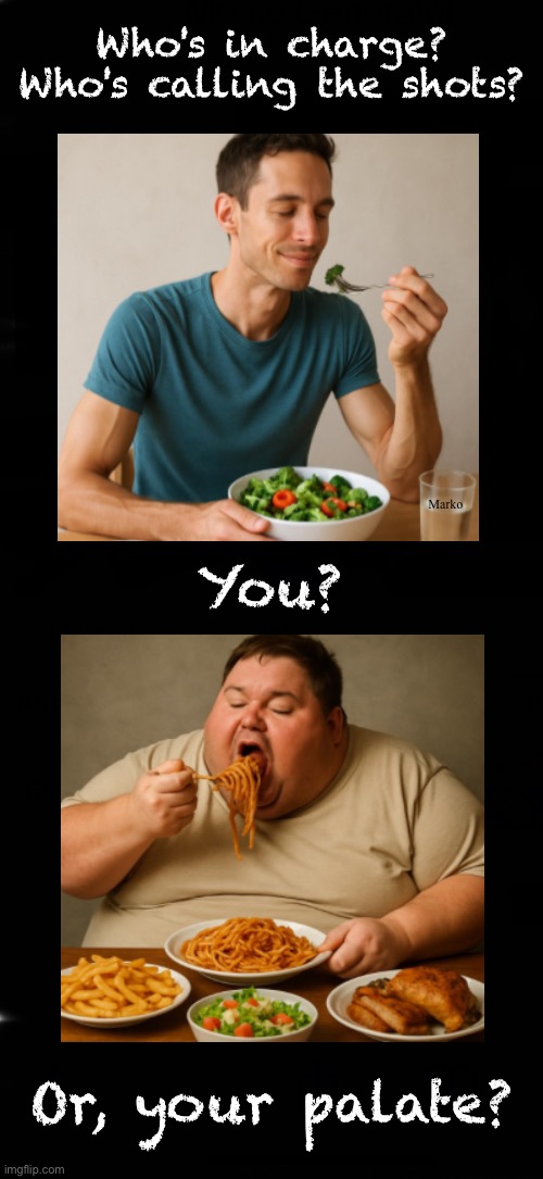 Slavery comes in many forms | Who's in charge?
Who's calling the shots? Marko; You? Or, your palate? | image tagged in memes,do you take control,or are you being controlled,you act like its not your fault,who satisfies your palate,not me | made w/ Imgflip meme maker