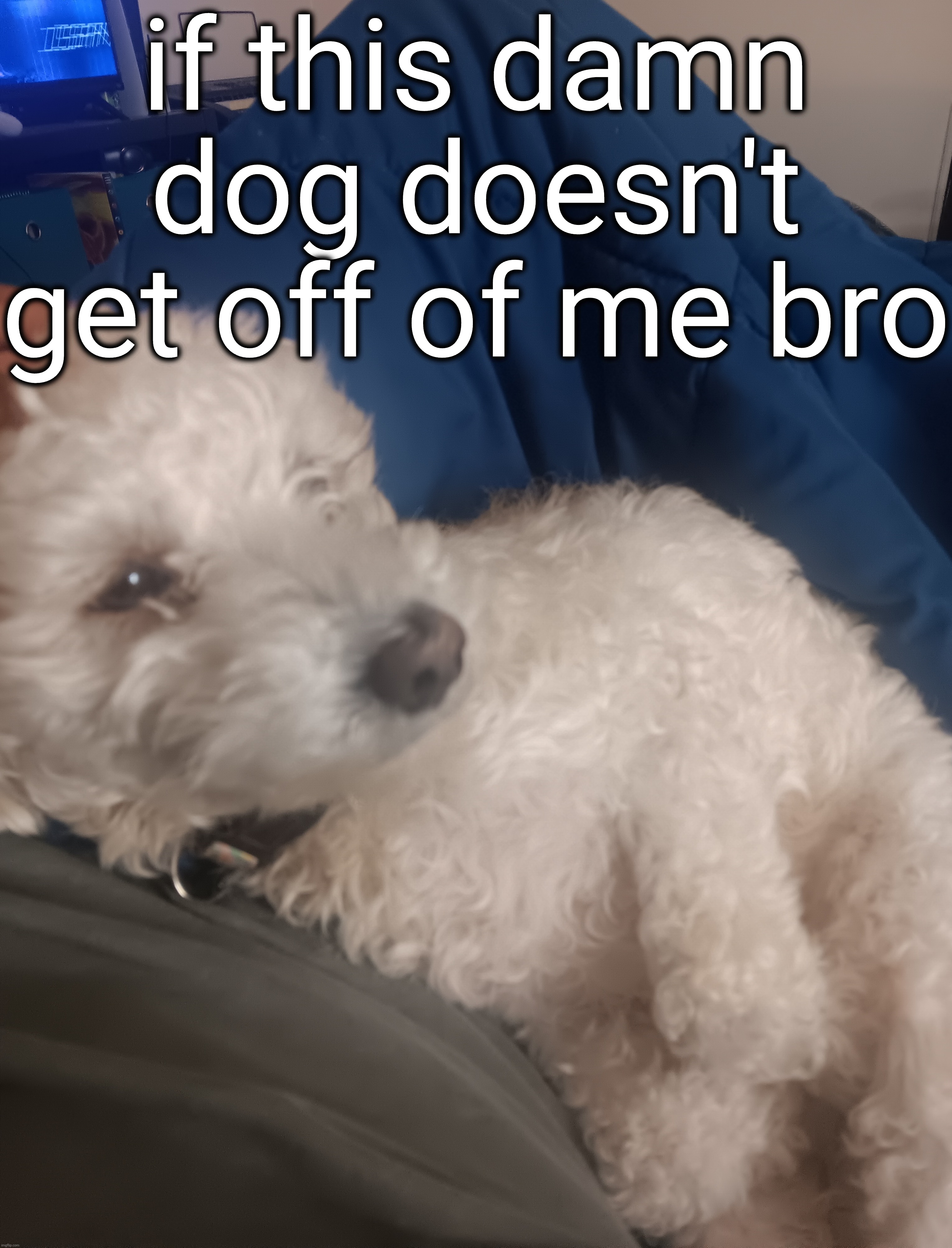 if this damn dog doesn't get off of me bro | made w/ Imgflip meme maker